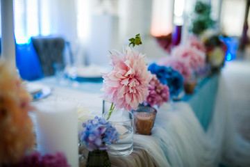 decorated table for newlyweds in blue
