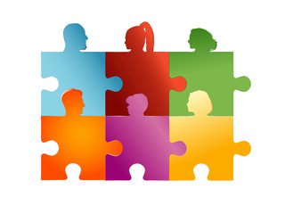 Concept teamwork or community. Group of silhouette people heads forming puzzle pieces. Association or partnership. Collaboration or friendship between colleagues or friends. Social media network