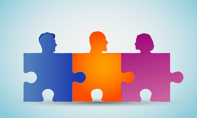 Group of colorful silhouette people heads forming puzzle pieces. Problem solving. Concept teamwork or community. Cooperation and competence. Association or partnership. Social media network
