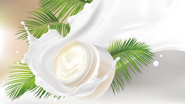 Natural cosmetics realistic vector background. White jar with organic cosmetic cream falling in milk splash and tropic green palm leaves. Mock up promo banner, concept poster for eco products