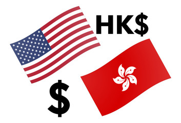 USDHKD forex currency pair vector illustration. American and Hongkong flag, with Dollar symbol.