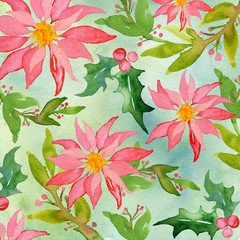 Watercolor Poinsettia and Holly Background