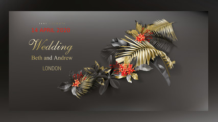 Tropical black and gold leaves on dark background vector poster Beautiful botanical design with golden tropic jungle palm leaves, exotic red ixora flower Wedding ceremony invitation card, holiday sale