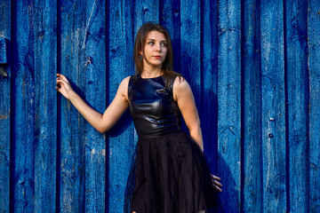 Portrait of a young slim woman brunette in a black dress near a wooden fence. Summer sunny evening. Close-up.