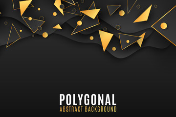 Stylish geometric background for your design. Low poly. Black and gold triangles and circles. Fluid design. Random polygonal shapes. Vector illustration