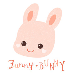 Pink bunny kawaii head. Color cartoon vector illustration. Funny bunny. Isolated vector illustration for design, coloring, prints, posters.
