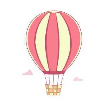 The pink striped balloon with basket flies in the sky. Color vector illustration. Cute image for coloring book, stencil, design, prints.