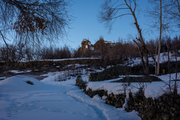 Trek in Himalayas. Sunrise at dhankar monastery in himalayas