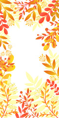 Obraz premium Colorful invitation card with bright autumn plants, orange,yellow gradient colors. Template frame in flat style,isolated white background. Vector card with space for banner, greeting card.