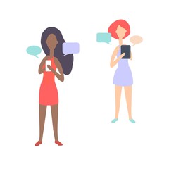 Vector illustration.  Two girls of different nationalities in dresses with telephones, work, communicate. Infographics on the theme of  technology, cognition,business.