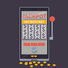 Slot Machine phone vector illustration. Gaming, money, gambling design concept