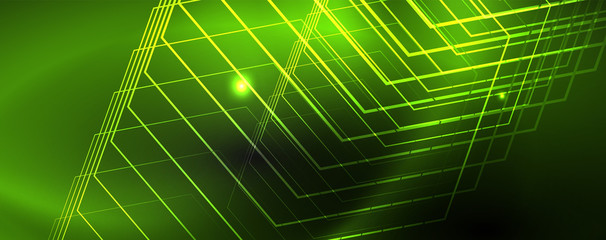 Obraz premium Shiny neon techno template. Neon lines background, 80s style laser rays