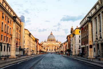 Sunrise over the St. Peters Basilica in Vatican City. Morning at the most famous landmark