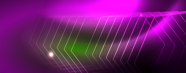 Techno glowing background, futuristic dark template with neon light effects and simple forms, vector