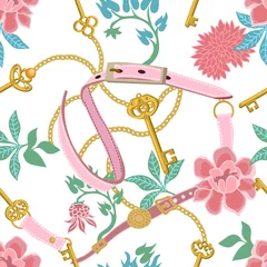 Foto op Plexiglas Bloemen en juwelen Trendy bloemenprint met roze riemen en gouden kettingen.