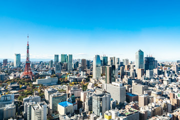 Fototapeta na wymiar Tokyo cityscape - modern aerial view with Roppongi and Minato wards.
