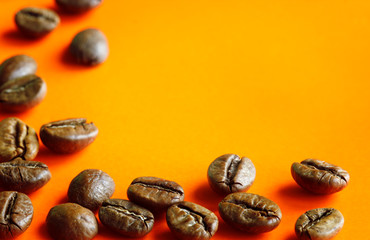 roasted coffee beans on bright color background with copy space