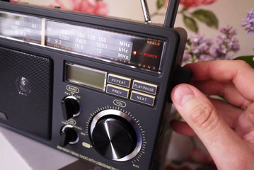 Retro style radio for FM and AM radio reception. Can also listen to MP3 files. Details and close-up.