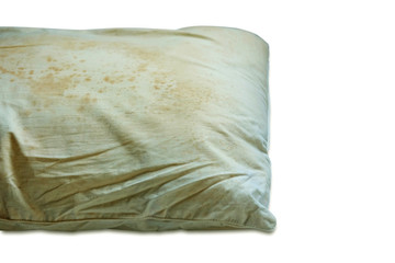Dirty pillow isolated on white background, are a source of germs and dust mites and mattresses