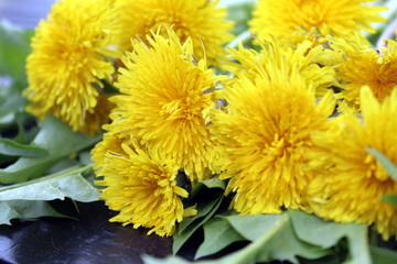 A bouquet of yellow dandelions is on the table