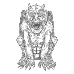 Gargoyle in sitting aggressive position to attack  Human and dragon bat like demon Chimera fantastic beast creature with horns fangs and claws. Hand drawn gothic guardians at medieval. Vector