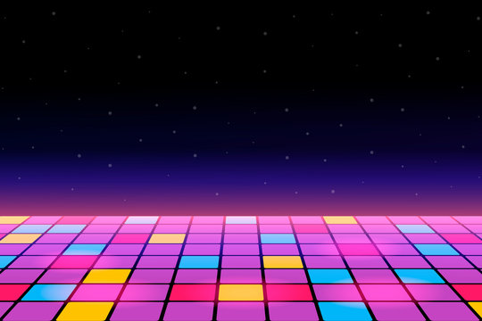 Illustration of a dance floor amongst starry open space. Vector.