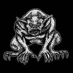 Demon, human like monster creature chimera with fangs horns, and claws. Mystic and occult hand drawn engraved devil vector.
