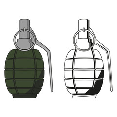 Hand grenade is in two styles. Vector illustration.