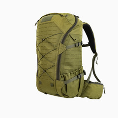 green hiking backpack for hunters camouflage with side pockets on a white background,