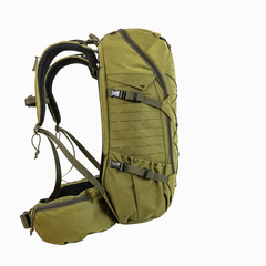 green hiking backpack for hunters camouflage with side pockets on a white background,