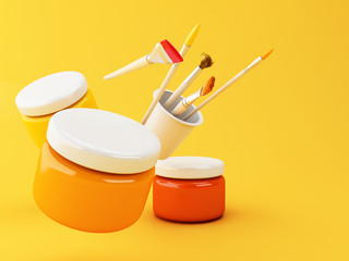 3d Artist paint brushes and paint jars