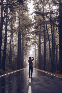 Traveler walking on empty road in woods