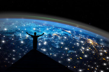 Abstract science,  global network connection on night earth background . soft focus picture . Blue tone concept . Borderless communication concept