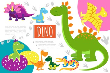 Obraz premium Flat Funny Dinosaurs Composition