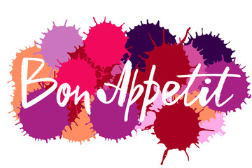 Bon Appetit hand lettering text. Сan be used in the design of banners, posters, postcards, stickers, badges, cafe. Vector illustration on background. 