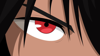 Web banner for anime, manga. Anime face with red eyes from cartoon. Vector illustration