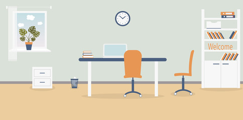 Interior of working place in the office on the light grey background. Vector illustration. Furniture: table, chair, cabinet with folders and books.Wall clock,monstera,window,bin. For advertising,sites