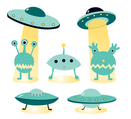 Vector illustration on the topic of ufology: ufo, aliens. Alien attack posters.  Art can be used for the World UFO Day.
