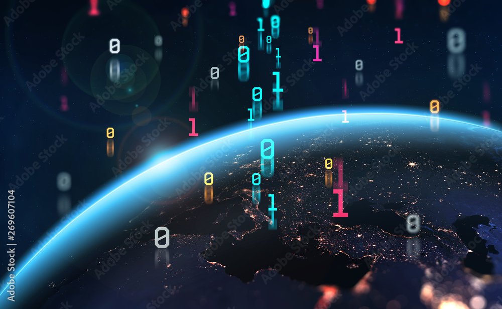 Aufkleber Era of digital technology. Binary code and Global data flow. 3D illustration of a planet is surrounded by an information field. Elements of this image are furnished by NASA