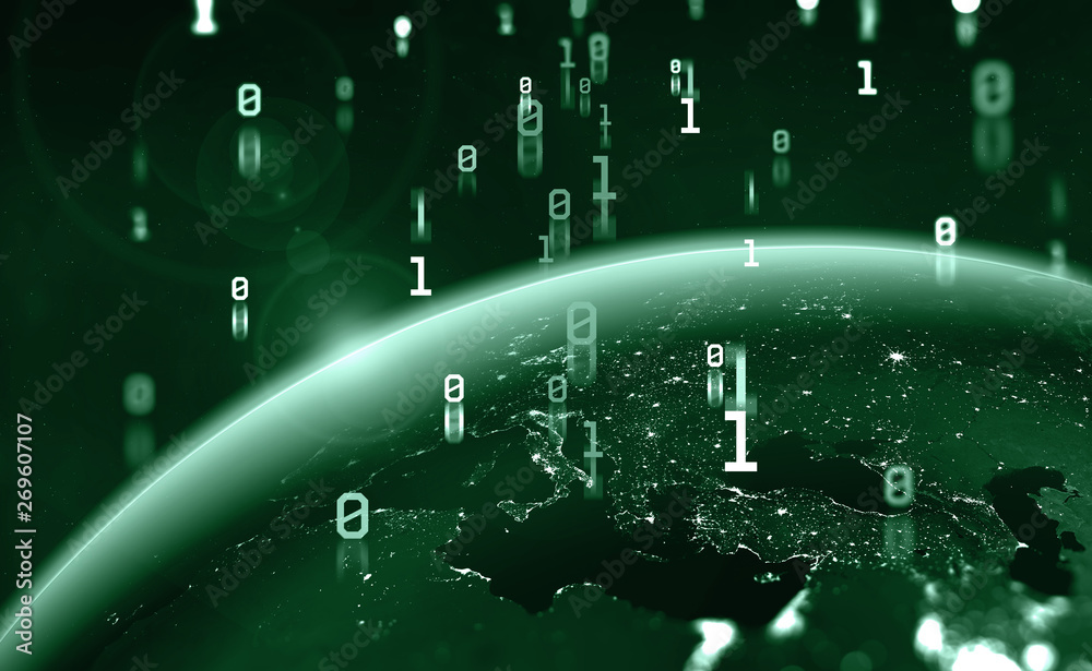 Fototapete Era of digital technology. Binary code and Global data flow. 3D illustration of a planet is surrounded by an information field. Elements of this image are furnished by NASA