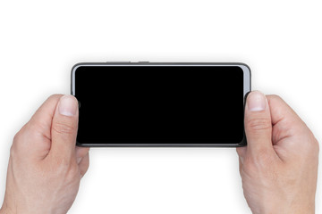 Isolated Hands Holding Mobile Phone in Horizontal Position