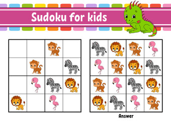 Sudoku for kids. Education developing worksheet. Activity page with pictures. Puzzle game for children. Logical thinking training. Isolated vector illustration. Funny character. Cartoon style.