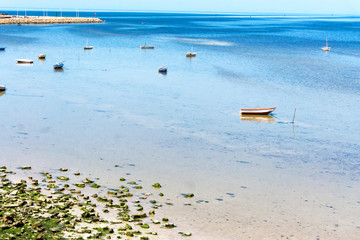 Mediterranean Sea with Boats in Houmt El Souk in Djerba, Tunisia.