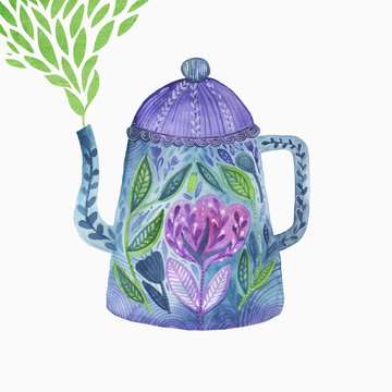 Watercolor hand drawn teapot isolated on white background