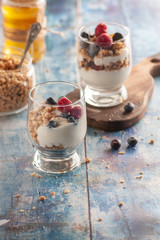 yogurt with granola and raspberries black chorynitsa and honey. yogurt in the blue on the table