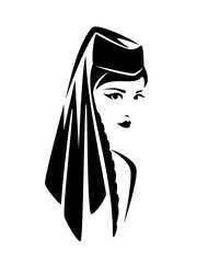 simple black and white vector portrait of beautiful young Georgian woman wearing traditional headwear and long braid hair
