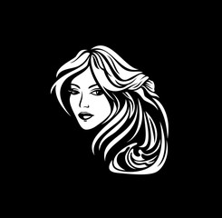 beautiful woman with gorgeous hair curls - salon hairstyle portrait white vector outline on black