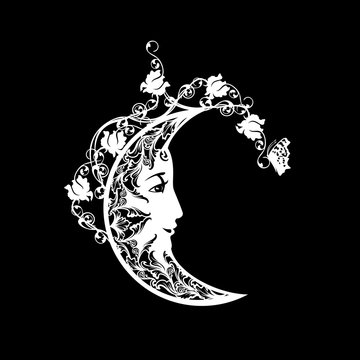 ornate crescent moon with kind human profile face among rose flowers and butterflies - good night black and white vector concept design