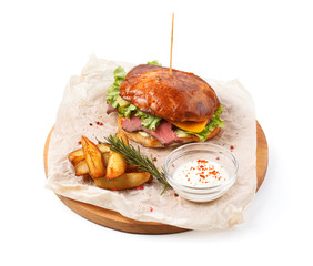 Burger with beef and french fries isolated on white