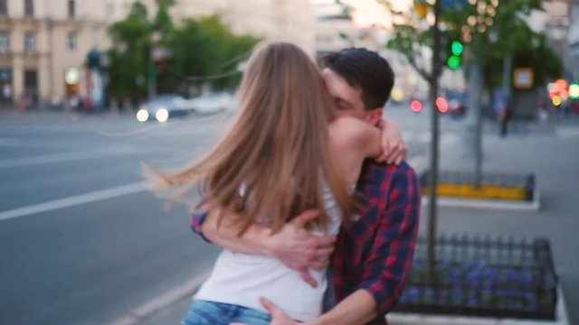 Romantic date meeting. Love emotion and sincere feelings. Excited young woman running towards boyfriend